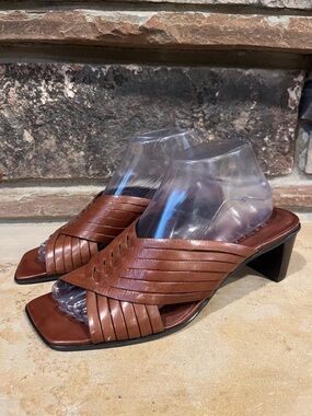 Franco Sarto Brown Woven Leather Square-Toe Slide Heels